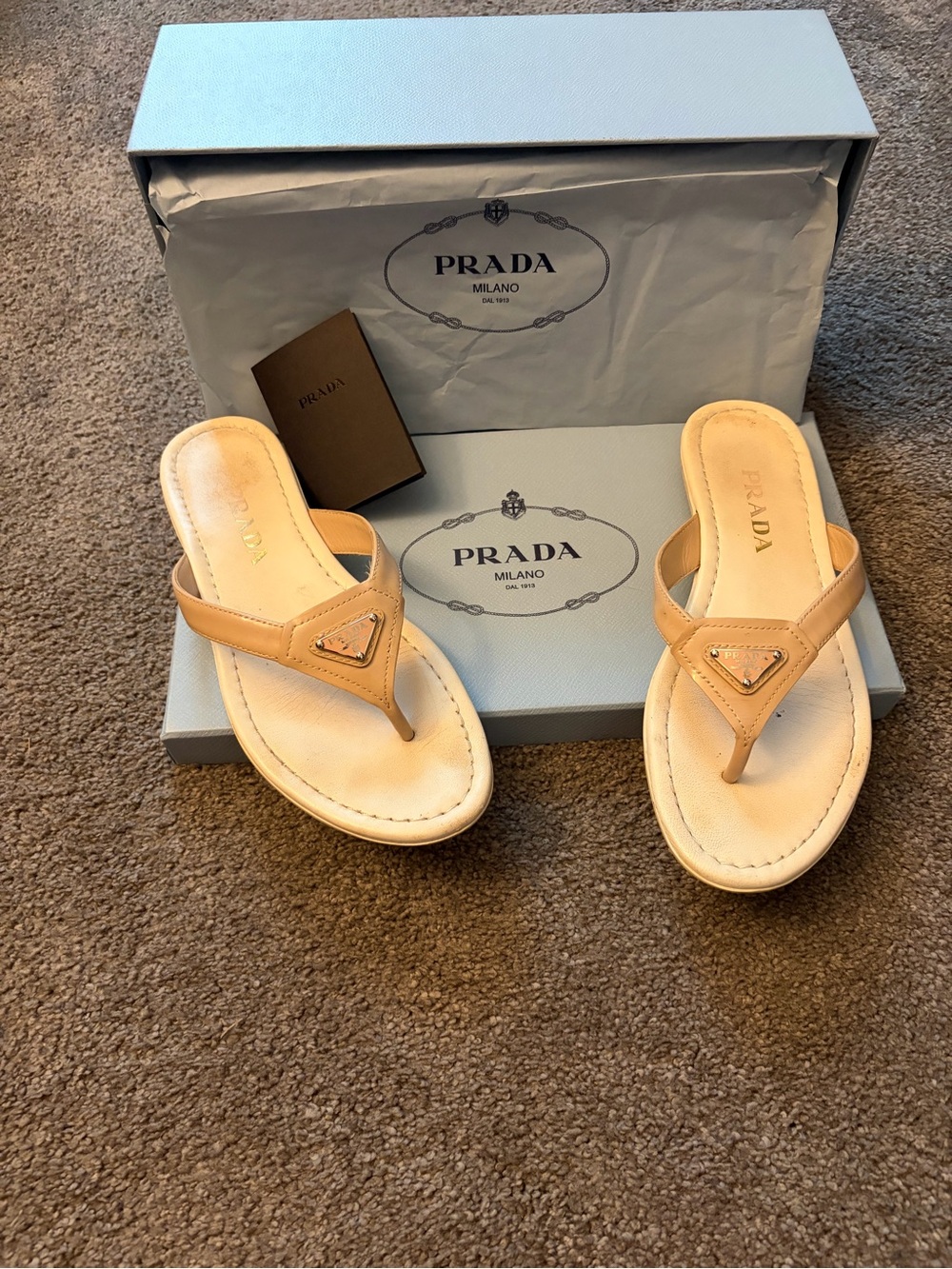 Prada Beige Leather Thong Sandals with Gold Triangle Logo